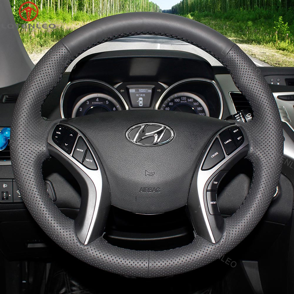 LQTENLEO Black Leather Suede DIY Hand-stitched Car Steering Wheel Cove for Hyundai Elantra/ Elantra GT/ Elantra Coupe/ Hyundai i30