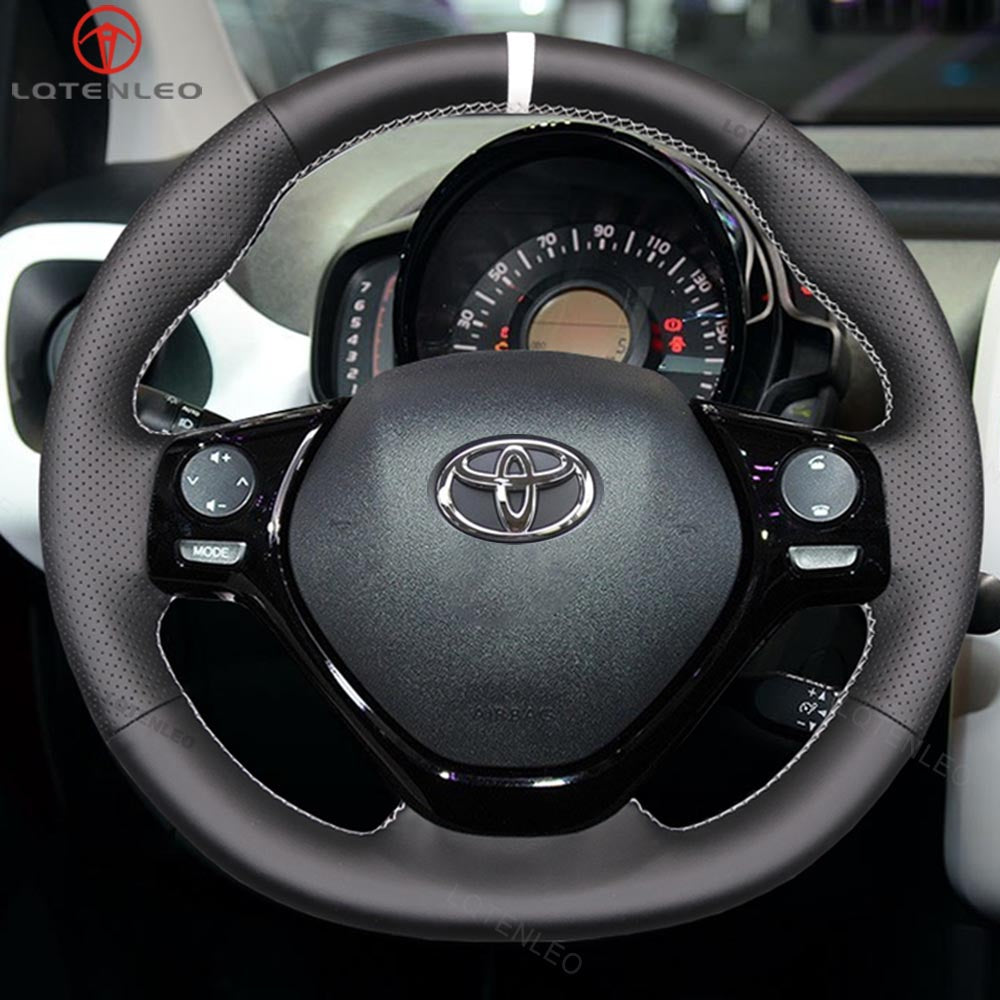 LQTENLEO Black Leather Suede Hand-stitched Car Steering Wheel Cover for Toyota Aygo 2 Peugeot 108 Citreon C1