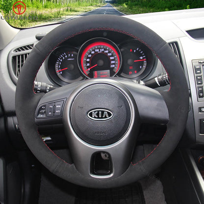 LQTENLEO Black Leather Suede Hand-stitched Car Steering Wheel Cover for Kia Forte (Forte Koup / Forte5) Soul Rio Rio5