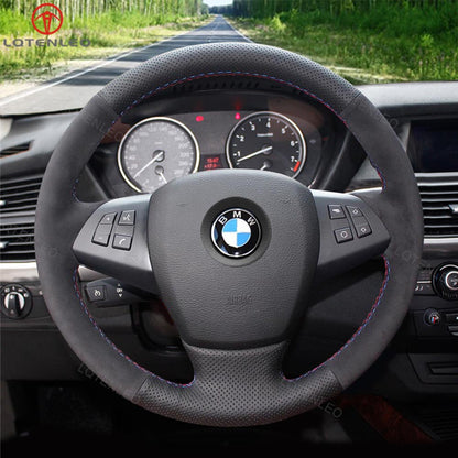 LQTENLEO Black Leather Suede Hand-stitched Car Steering Wheel Cover for BMW X5 E70 2007-2013