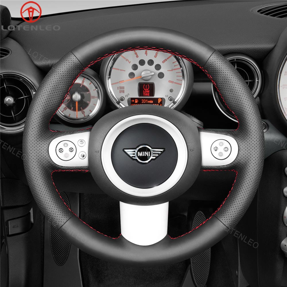 LQTENLEO Black Leather Suede Hand-stitched Car Steering Wheel Cover for Mini (Hatchback/Mini R50/R52/R53) 2001-2006 / Convertible 2004-2008