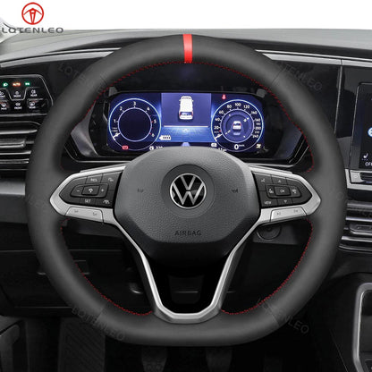 LQTENLEO Alcantara Carbon Fiber Leather Suede Hand-stitched Car Steering Wheel Cover for Volkswagen VW Arteon 2021 / Atlas 2020-2021 / ID.4 2021 / Taos 2022 / Atlas Cross Sport 2020-2021