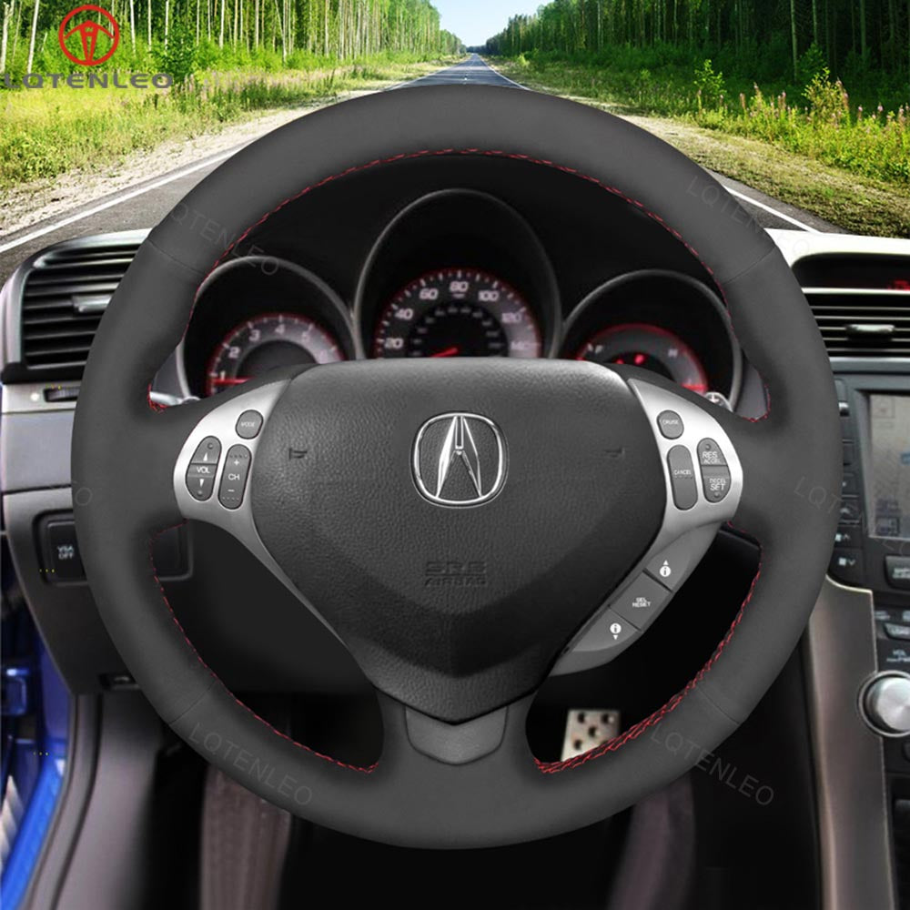 LQTENLEO Black Genuine Leather Suede Hand-stitched Car Steering Wheel Cover for Acura TL 2007-2008