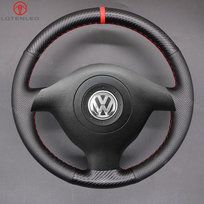 LQTENLEO Carbon Fiber Leather Suede Hand-stitched Car Steering Wheel Cover for Volkswagen VW Golf 4 Passat B5 Polo Bora Sharan for Seat Leon MK1 (1M) for Skoda Fabia 1 (6Y)