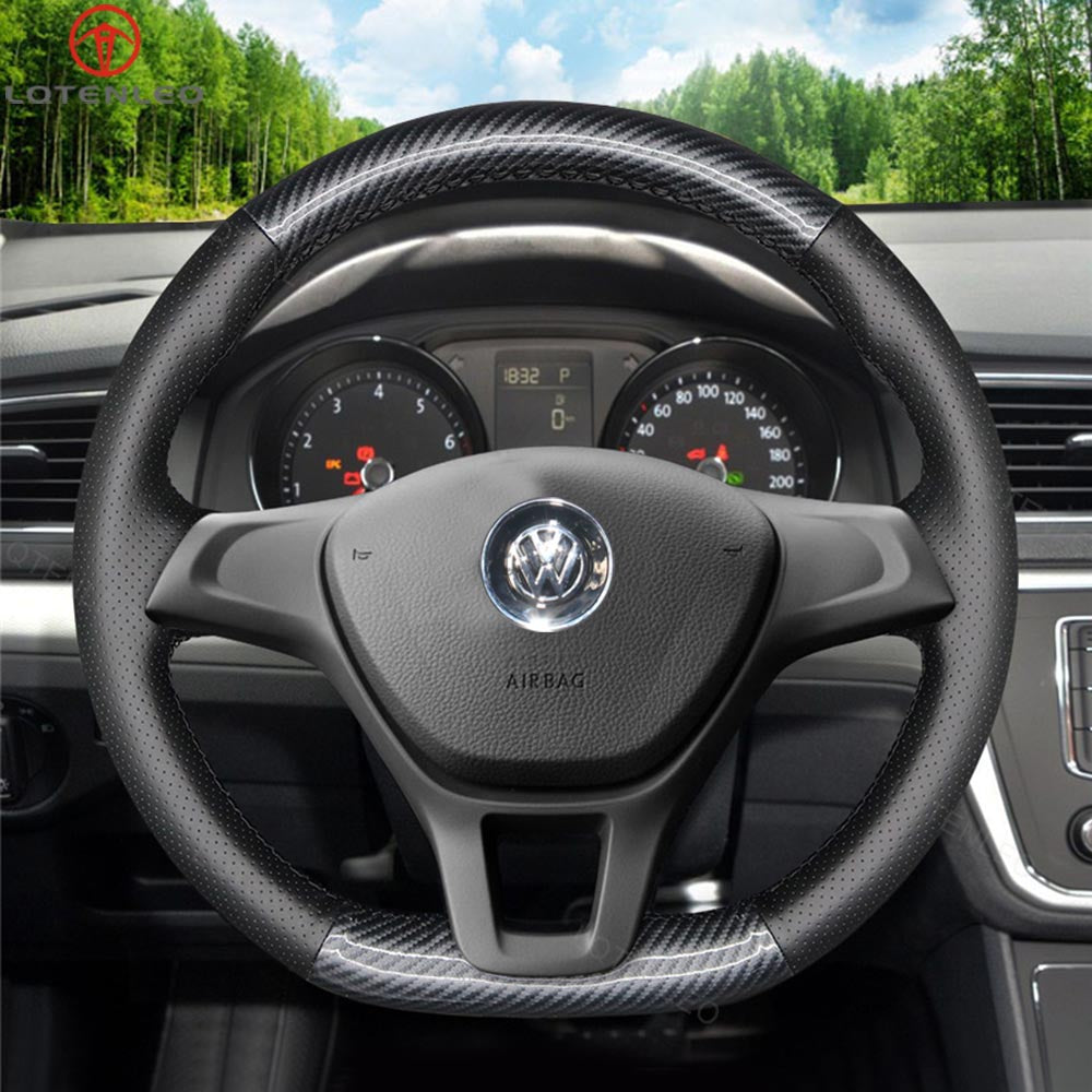 LQTENLEO Black Carbon Fiber Leather Suede Hand-stitched Car Steering Wheel Cover for Volkswagen VW Golf 7 Sportsvan Polo 5 Jetta Up! Passat 2013-2021