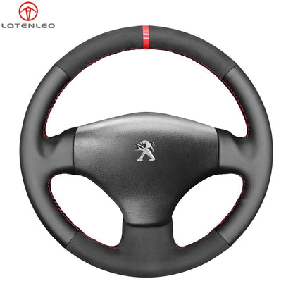 LQTENLEO Carbon Fiber Leather Suede Hand-stitched Car Steering Wheel Cover for Peugeot 206 2001-2009 / 206 SW 2002-2007