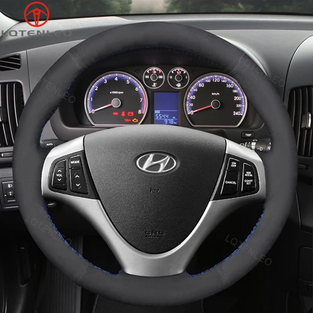 LQTENLEO Black Genuine Leather Suede Hand-stitched Car Steering Wheel Cove for Hyundai Elantra Touring / Hyundai