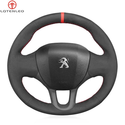 LQTENLEO Black Leather Suede Hand-stitched Car Steering Wheel Cover for Peugeot 208 2012-2019 / 2008 2013-2019 / 308 2013-2018 / 308 SW 2014-2017