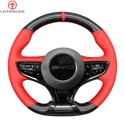 LQTENLEO Black Genuine Leather Hand-stitched Car Steering Wheel Cove for BYD Seal 2022-2024