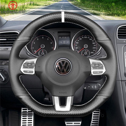 LQTENLOE Carbon Fiber Leather Suede Hand-stitched Car Steering Wheel Cover for Volkswagen VW Golf 6 Polo GTI Scirocco Tiguan (R-Line)