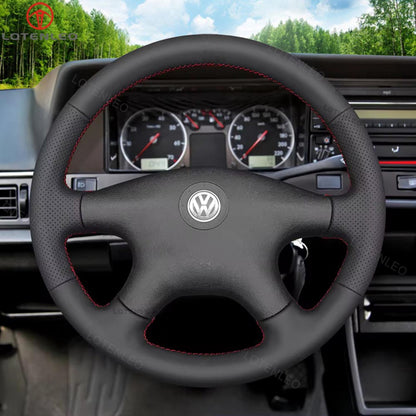 LQTENLEO Black Genuine Leather Hand-stitched Car Steering Wheel Cove for VW Santana 2000-2012