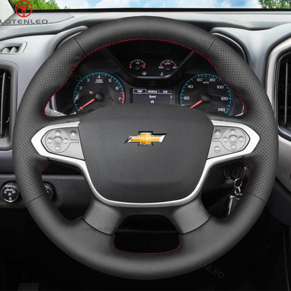 LQTENLEO Black Genuine Leather Hand-stitched Car Steering Wheel Cover for Chevrolet (Chevy) Colorado/ Traverse