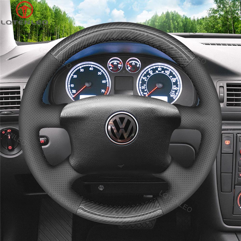 LQTENLEO Carbon Fiber Leather Suede Hand-stitched Car Steering Wheel Cover for Volkswagen Golf 4 (IV) / Passat B5/ Passat Variant/ Sharan/ Bora/T4 /T5 / Jetta/EuroVan