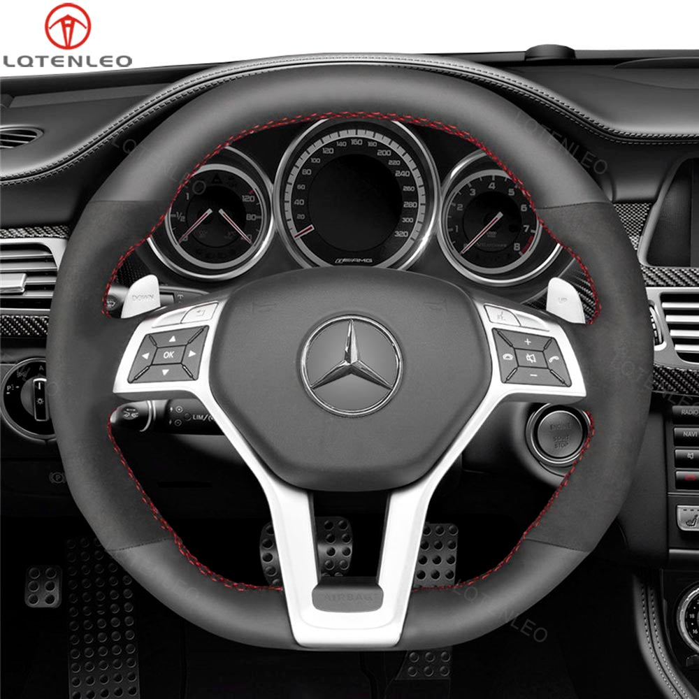 LQTENLEO Alcantara Carbon Fiber Leather Suede Hand-stitched Car Steering Wheel Cover for Mercedes Benz AMG C63 W204 AMG CLA 45 CLS 63 AMG C218 S-Model C218 W212