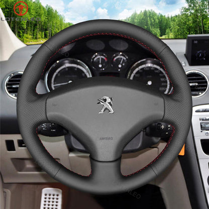 LQTENLEO Black Genuine Leather Suede Hand-stitched Car Steering Wheel Cover Wrap for Peugeot 308 2007 2008 2009 2010 2011-2013 408 2012 2013 2014