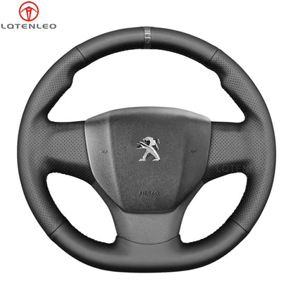 LQTENLEO Black Genuine Leather Suede Hand-stitched Car Steering Wheel Cover for Peugeot Expert Traveller 408 Citroen Jumpy Spacetourer C3 C4 Fiat Scudo 2016-2022