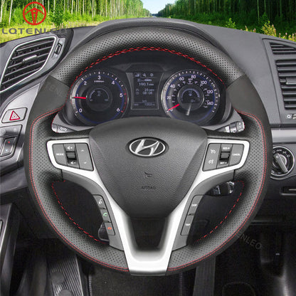 LQTENLEO Black Suede Leather Hand-stitched Car Steering Wheel Cover for Hyundai i40 2011-2020