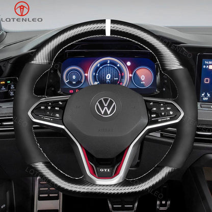 LQTENLEO Alcantara Carbon Fiber Leather Suede Hand-stitched Car Steering Wheel Cover for Volkswagen VW Golf 8 (R-Line) Arteon Tiguan (R-Line) Touareg (R-Line)