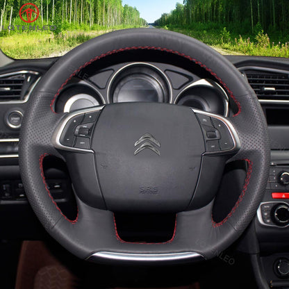 LQTENLEO Black Leather Suede Hand-stitched Car Steering Wheel Cover for Citroen Citroen C4 2010-2019 DS 4 DS4 2011-2018
