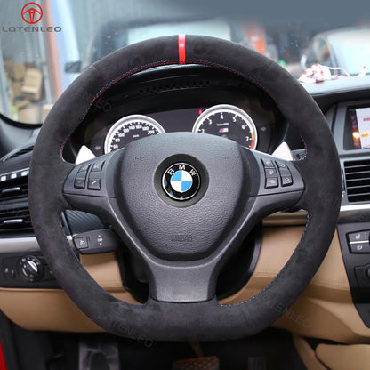 LQTENLEO Alcantara Leather Suede Hand-stitched Car Steering Wheel Cover for BMW X5 E70 2006-2013 X6 E71 2008-2014 / E72 (ActiveHybrid X6) 2009-2010