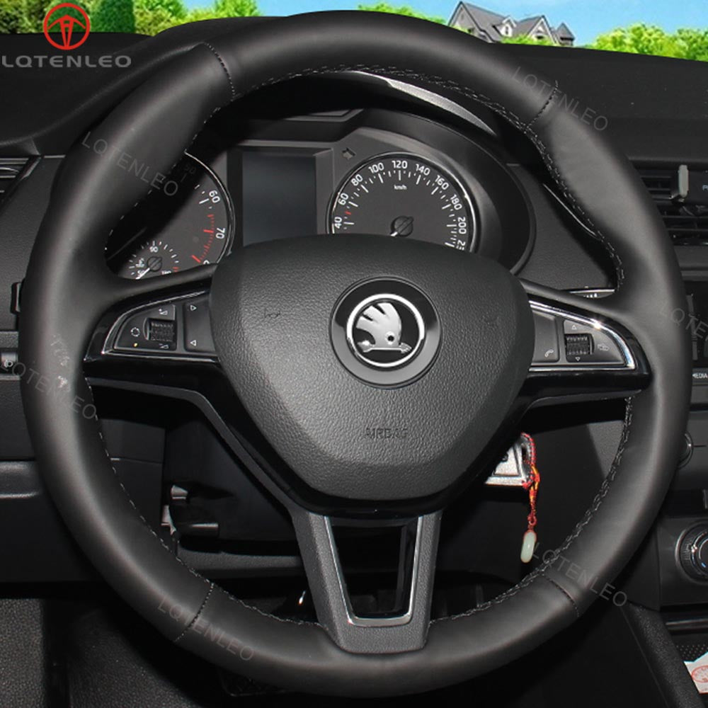 LQTENLEO Carbon Fiber Leather Suede Hand-stitched Car Steering Wheel Cover for Skoda Citigo Fabia Karoq Roomster Octavia Superb Yeti Kodiaq Scala