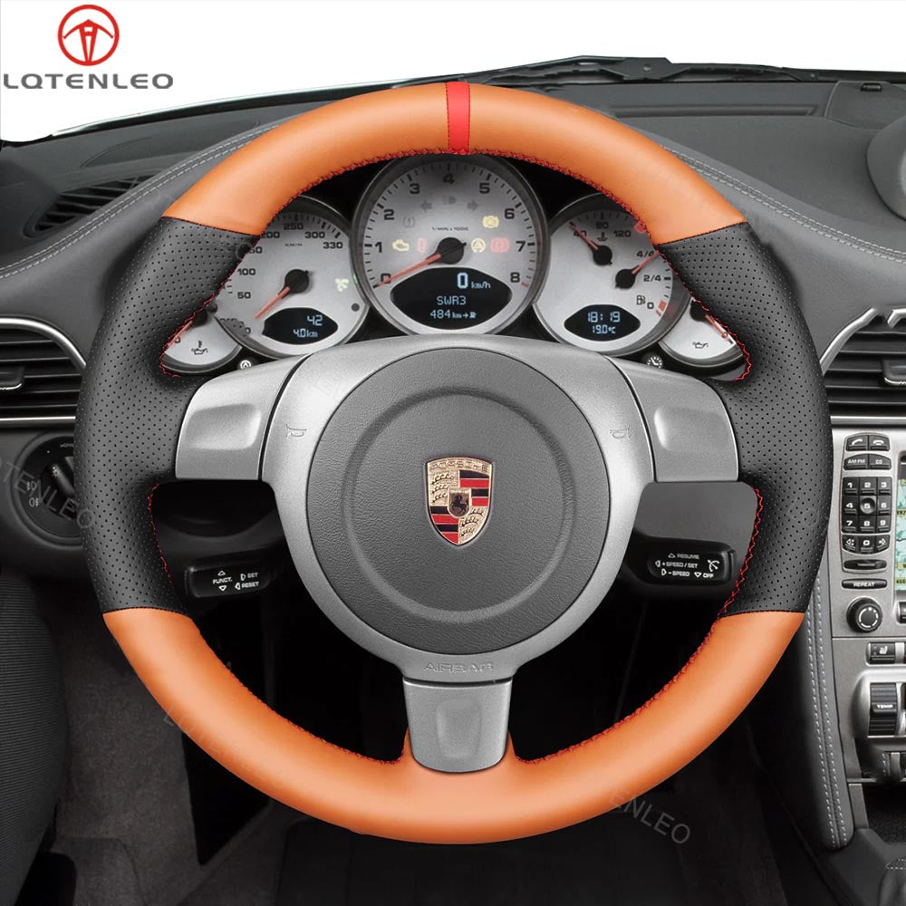 LQTENLEO Alcantara Leather Suede Hand-stitched Car Steering Wheel Cover Wrap for Porsche 911 (997) 2005-2009 / Boxster (987) 2005-2009 / Cayman (987) 2006-2009