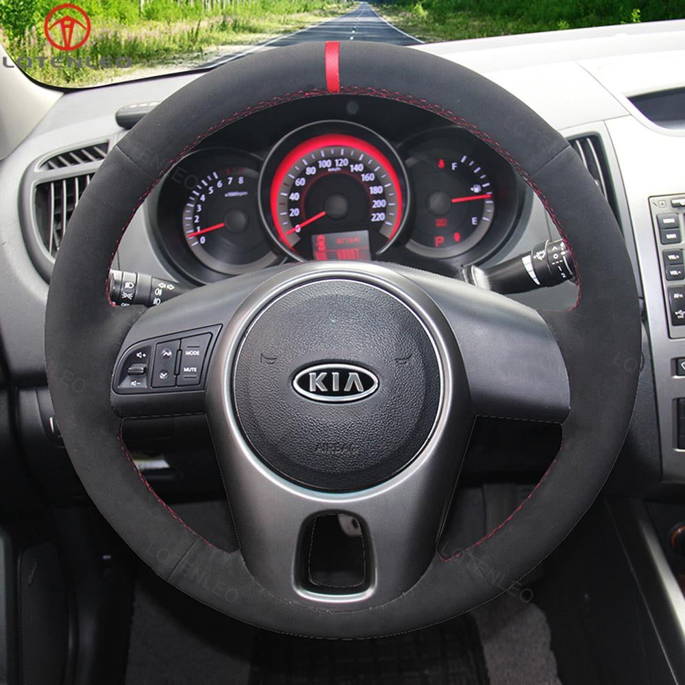 LQTENLEO Black Leather Suede Hand-stitched Car Steering Wheel Cover for Kia Forte (Forte Koup / Forte5) Soul Rio Rio5
