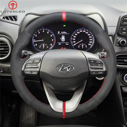 LQTENLEO Black Carbon Fiber Leather Suede Hand-stitched Car Steering Wheel Cover for Hyundai Veloster 2019 / i30 2017-2019 / Elantra 2019