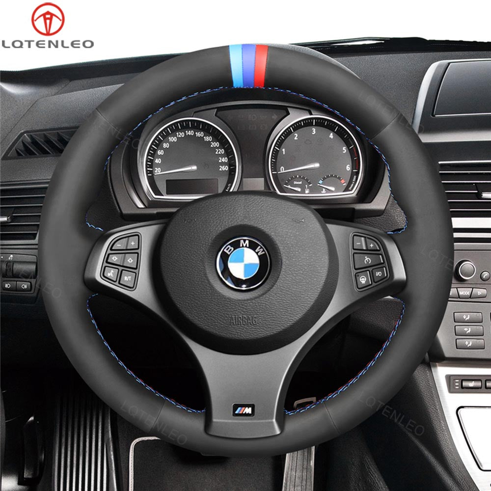 LQTENLEO Black Leather Suede Hand-stitched Car Steering Wheel Cover for BMW X3 E83 2007-2010