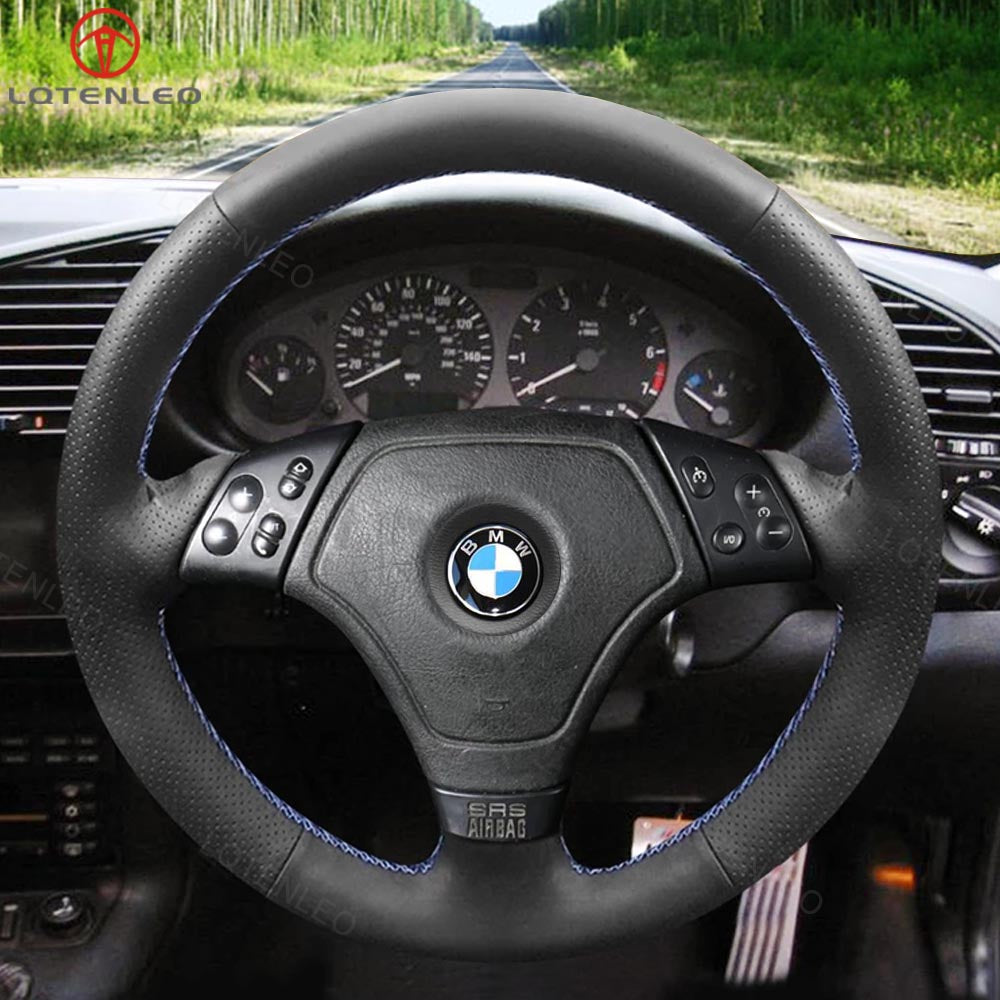 LQTENLEO Black Leather Suede Hand-stitched Car Steering Wheel Cover for BMW 3 Series E36 1995-2000