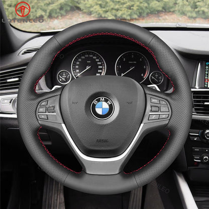 LQTENLEO Black Genuine Leather Suede Hand-stitched Car Steering Wheel Cover for BMW X3 F25 2011-2017 / X4 F26 2014-2018