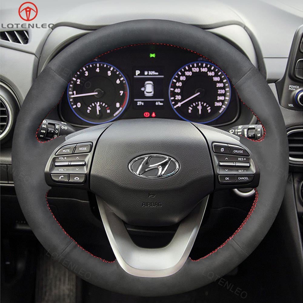 LQTENLEO Black Carbon Fiber Leather Suede Hand-stitched Car Steering Wheel Cove for Hyundai Kona 2017-2023