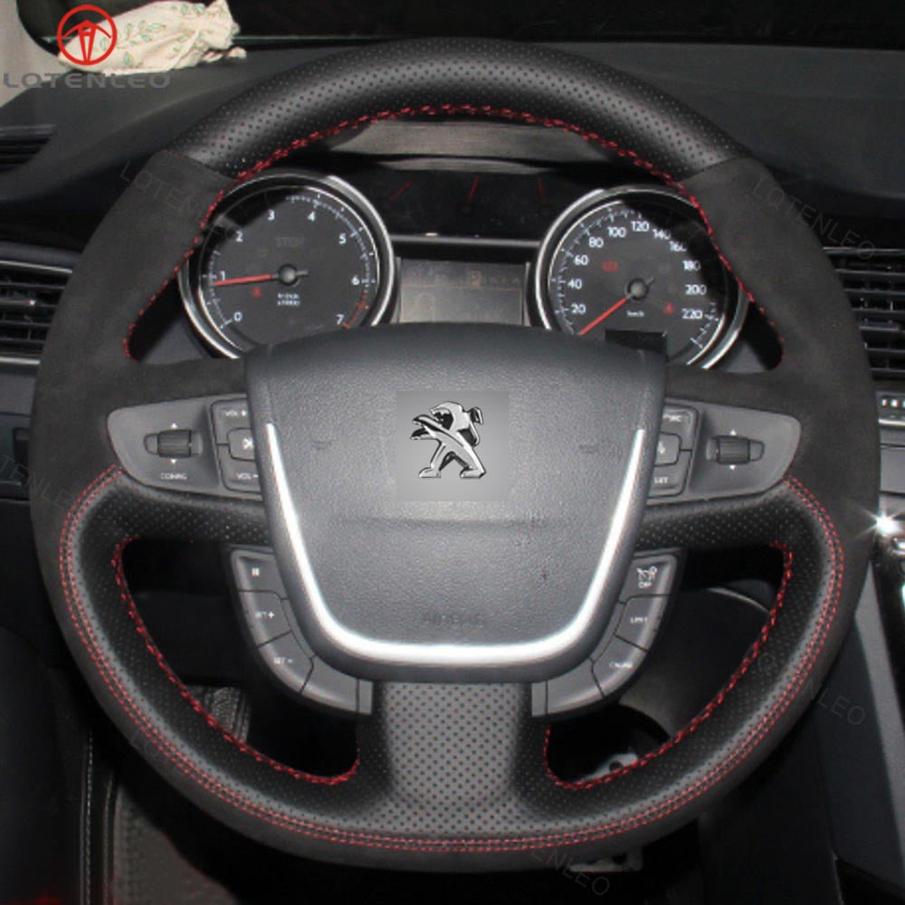 LQTENLEO Black Leather Suede Hand-stitched No-slip Car Steering Wheel Cover for Peugeot 508 SW 2011 2012 2013 2014 2015 2016 2017 2018