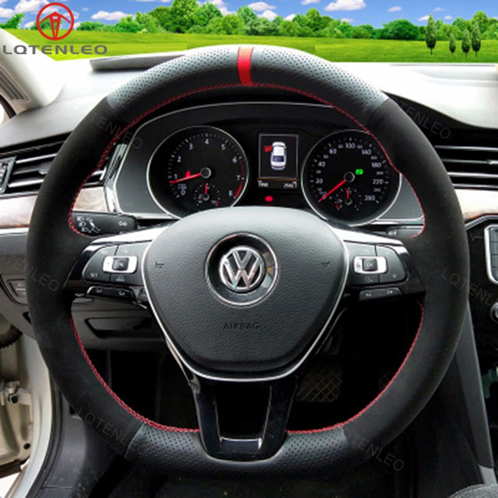 LQTENELO Carbon Fiber Leather Suede Hand-stitched Car Steering Wheel Cover for Volkswagen VW Golf 7 Golf Alltrack Golf SportWagen Jetta Passat Tiguan e-Golf Arteon Atlas
