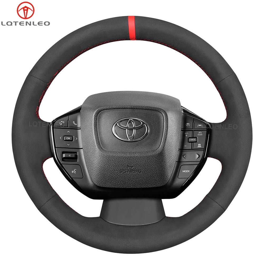 LQTENLEO Black Genuine Leather Suede Hand-stitched Car Steering Wheel Cover for Toyota Prius / BZ4X