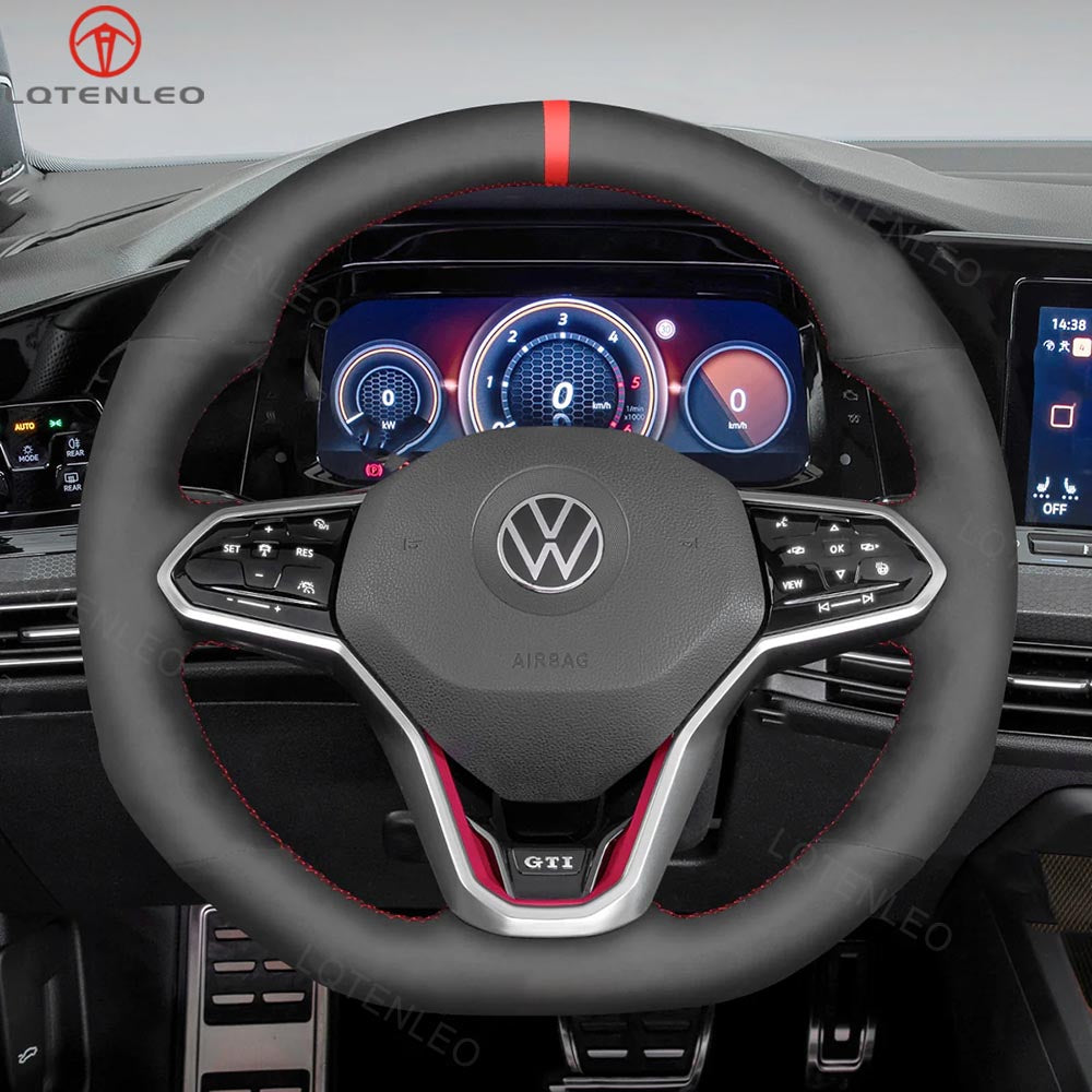 LQTENLEO Alcantara Carbon Fiber Leather Suede Hand-stitched Car Steering Wheel Cover for Volkswagen VW Golf 8 (R-Line) Arteon Tiguan (R-Line) Touareg (R-Line)