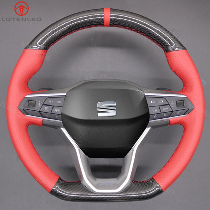 LQTENLEO Carbon Fiber Leather Suede Hand-stitched Car Steering Wheel Cover for Seat Leon 2020-2021 / Ateca 2020-2021 / Tarraco 2020-2021