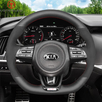 LQTENLEO Alcantara Carbon Fiber Suede Leather Hand-stitched Car Steering Wheel Cover Braids for Kia Stinger 2017 2018 2019 2020