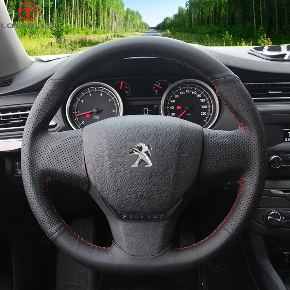 LQTENLEO Black Genuine Leather Suede Hand-stitched Car Steering Wheel Cover for Peugeot Expert Traveller 408 Citroen Jumpy Spacetourer C3 C4 Fiat Scudo 2016-2022