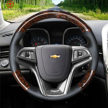 LQTENELO Black Genuine Leather Suede Hand-stitched Car Steering Wheel Cover for Chevrolet Malibu / Volt