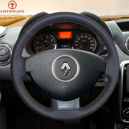 LQTENLEO Black Leather Suede Hand-stitched Car Steering Wheel Cover for Dacia (Renault) Duster Dokker Lodgy Logan Sandero