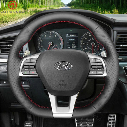 LQTENLEO Black Leather Suede Hand-stitched No-slip Soft Car Steering Wheel Cover Braid for Hyundai Sonata (3-Spoke D Shape) 2015-2019