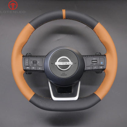 LQTENLEO Black Genuine Leather Suede Hand-stitiched Car Steering Wheel Cover for Nissan Rogue / Pathfinder / Qashqai III(J12) / X-Trail IV(T33)