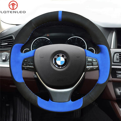 LQTENLEO Carbon Fiber Leather Suede Hand-stitched Car Steering Wheel Cover for BMW 5 Series F10 F11 (Touring) F07 (GT) 6 SeriesF12 F13 F06 7 Series F01 F02