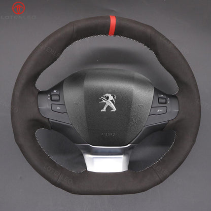 LQTENLEO Black Genuine Leather Suede Hand-stitched Car Steering Wheel Cover for Peugeot 308 2013-2021 / 308 SW 2014-2021
