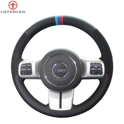 LQTENLEO Black Genuine Leather Hand-stitched Car Steering Wheel Cove for Jeep Compass /Grand Cherokee / Wrangler /Patriot
