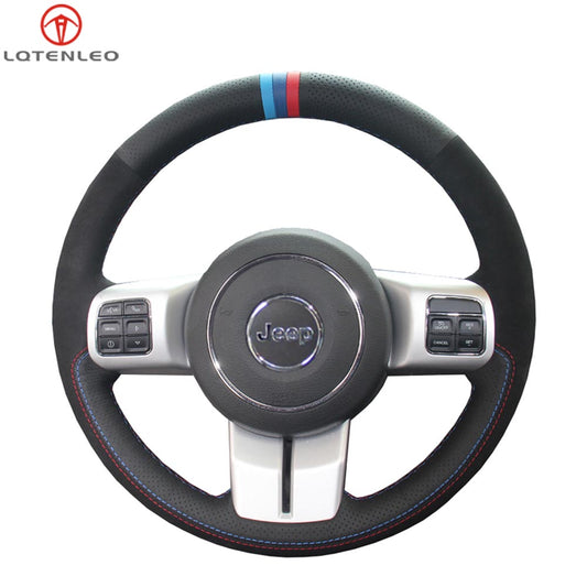 LQTENLEO Black Genuine Leather Hand-stitched Car Steering Wheel Cove for Jeep Compass /Grand Cherokee / Wrangler /Patriot