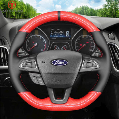 LQTENLEO Carbon Fiber Leather Suede Hand-stitched Car Steering Wheel Cover for Ford Focus ST/ Focus ST-Line/ Focus RS/ Ecosport ST-Line/ Kuga/ Escape