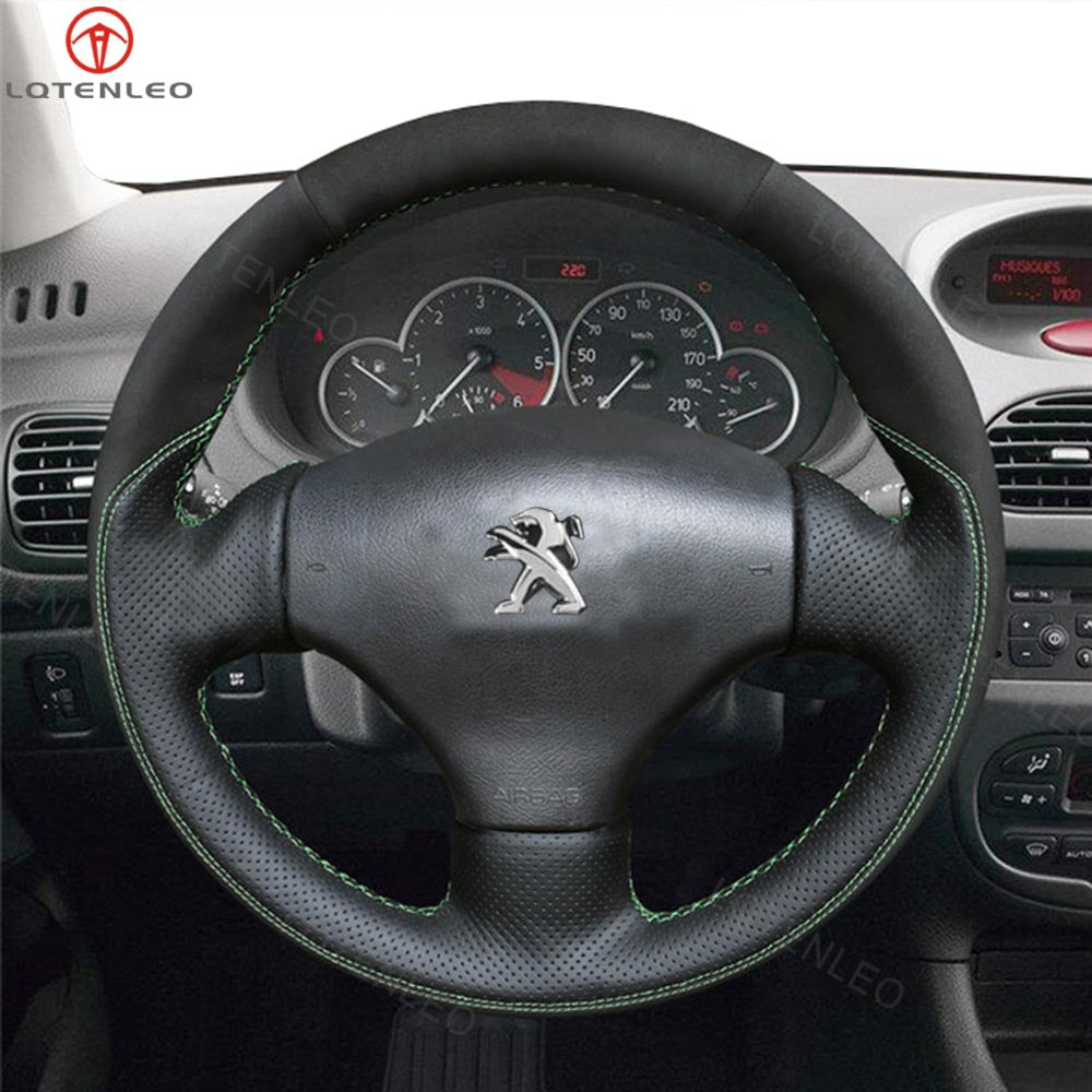 LQTENLEO Carbon Fiber Leather Suede Hand-stitched Car Steering Wheel Cover for Peugeot 206 2001-2009 / 206 CC 2001-2007 / 206 SW 2002 2003 2004 2005 2006 2007