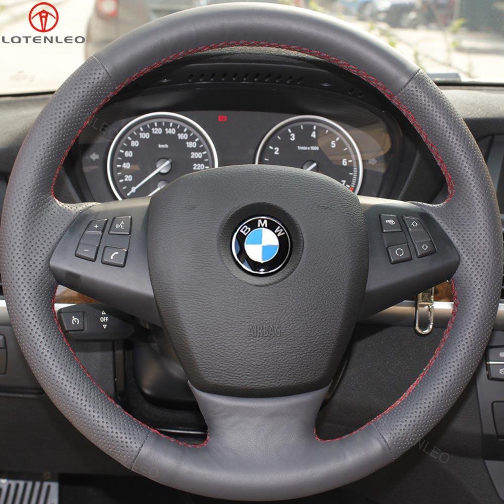 LQTENLEO Black Leather Suede Hand-stitched Car Steering Wheel Cover for BMW X5 E70 2007-2013